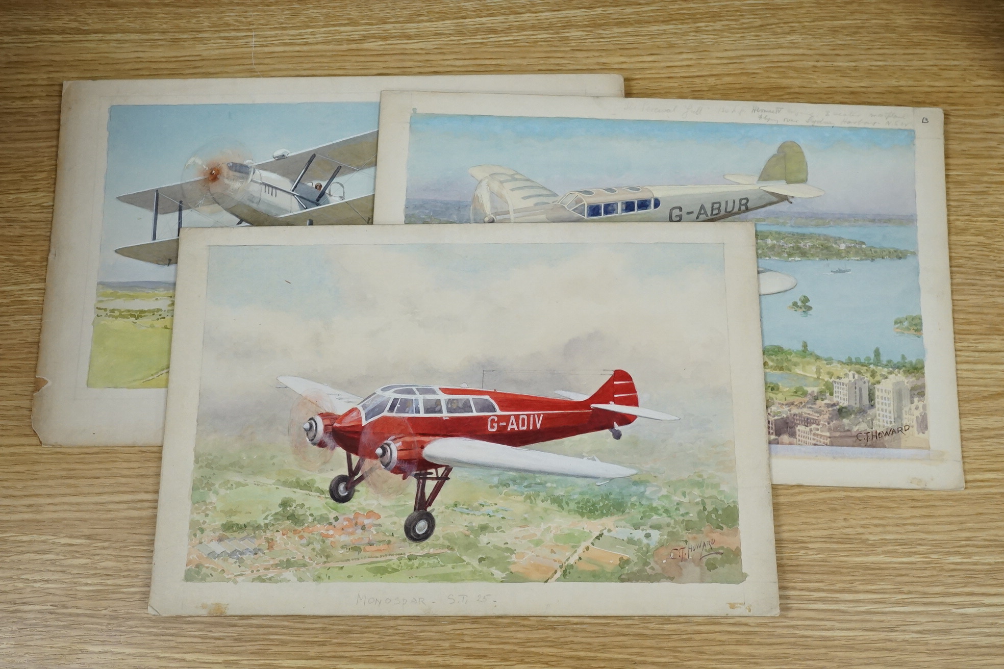 Charles Thomas Howard (1865-1942), set of four original watercolours for postcard designs, vintage aircraft, to include Monospar ST-25 and Percival Gull over Sydney, two signed, 21 x 32cm, unframed. Condition - fair to g